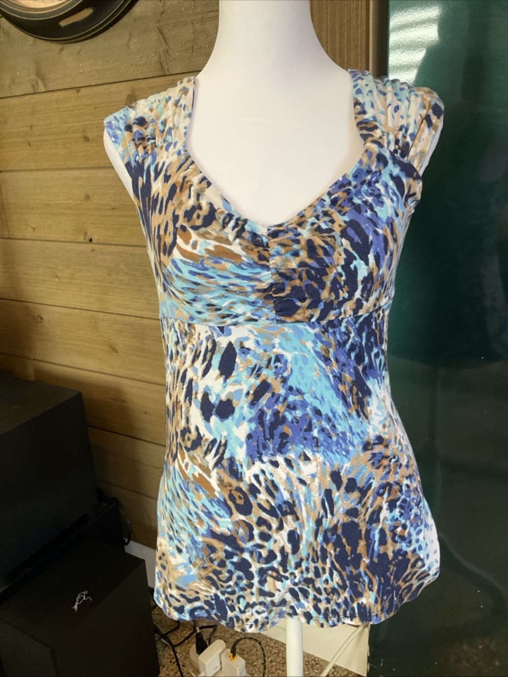 Boston Proper Blue Multi-Pattern Cap Sleeve Top